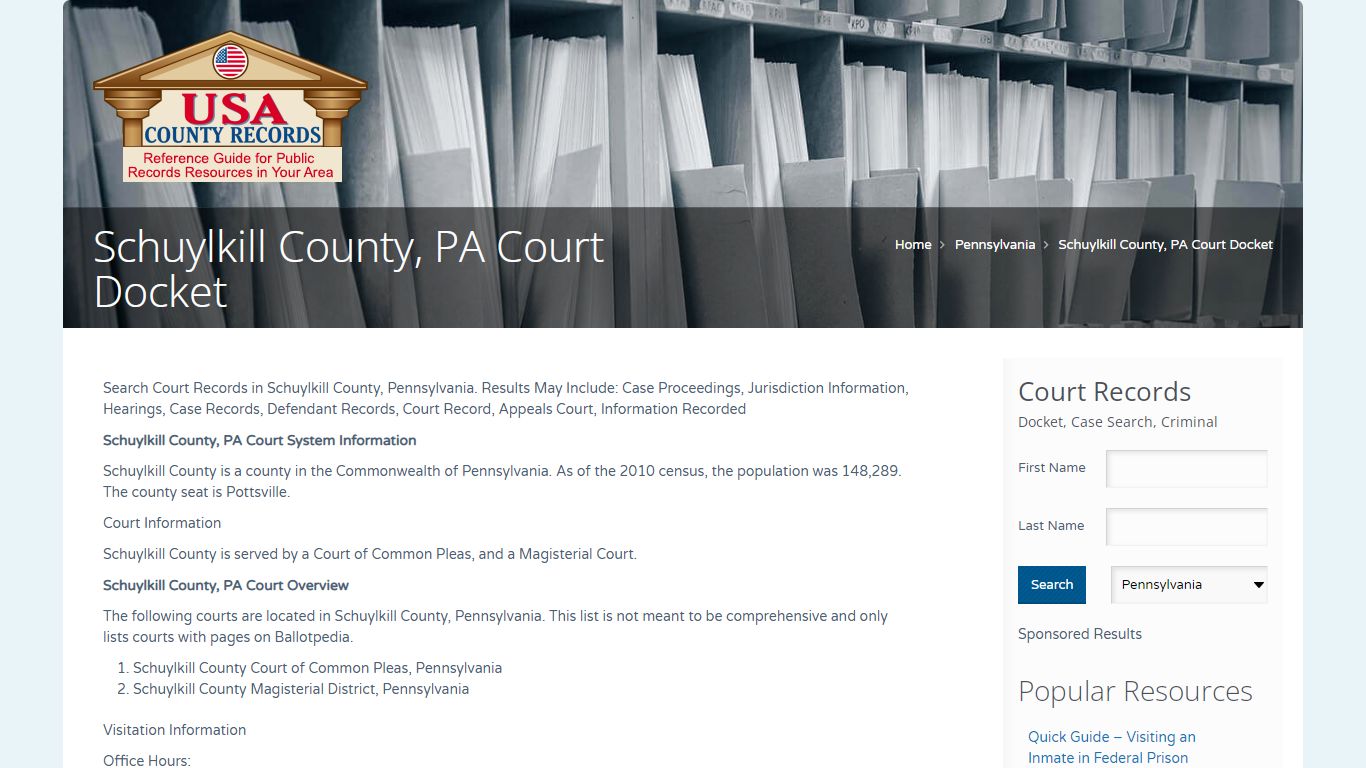 Schuylkill County, PA Court Docket | Name Search